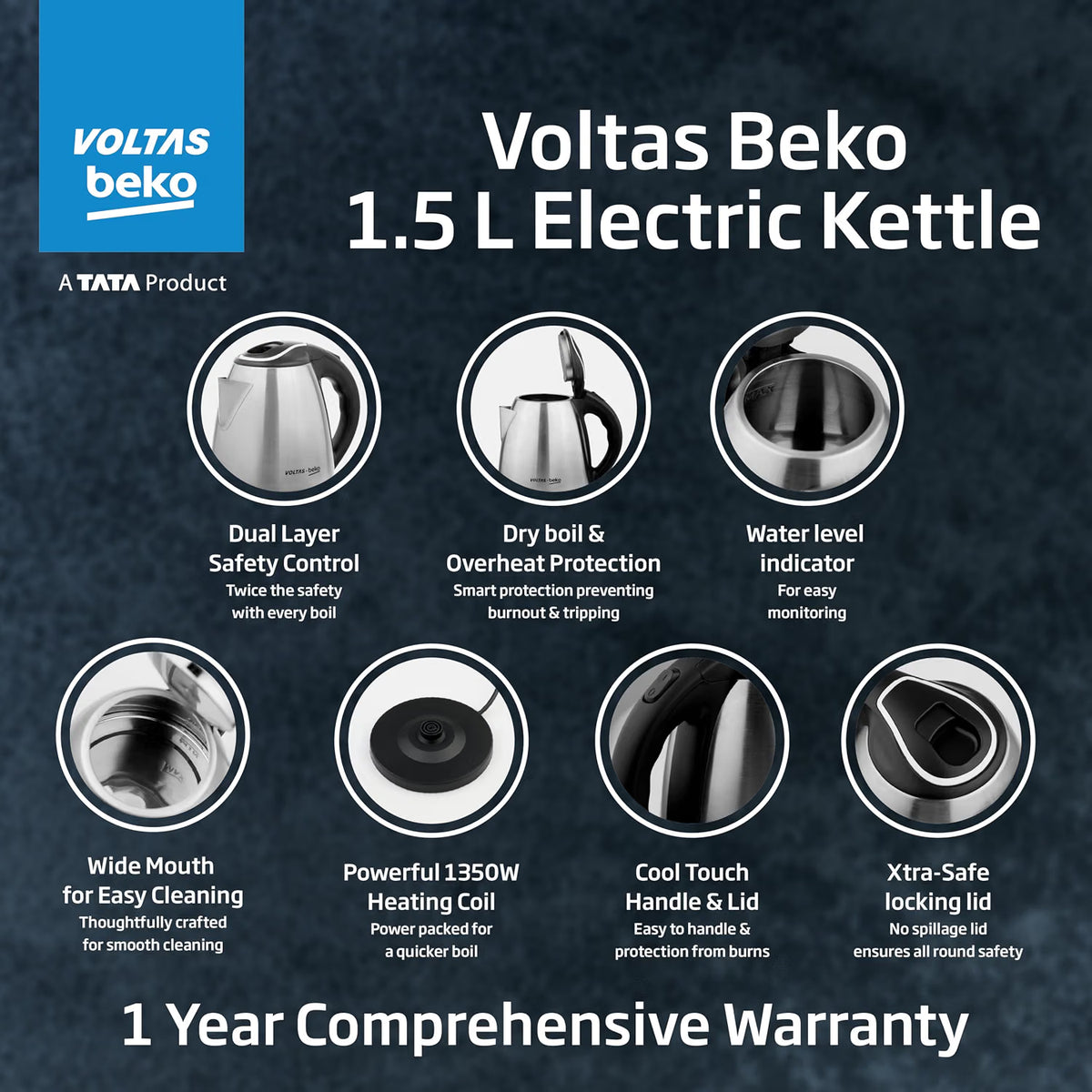 Voltas Beko K135X15H-SL 1.5 L Electric Kettle | 1350W Fast Boil | Stainless Steel | Auto Cut-Off & Dry-Boil Protection | Silver-Online Mahajan Electronics
