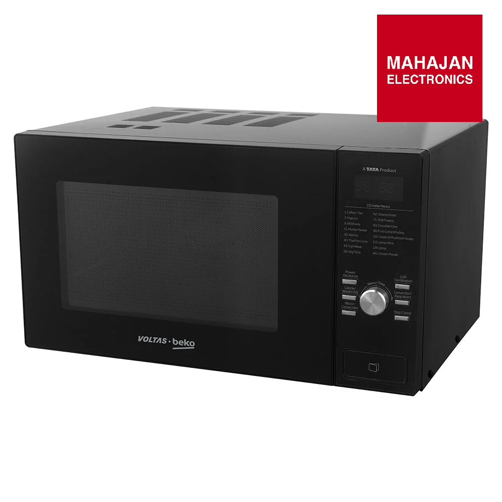 Black microwave oven with Volta Beko branding on a white background, featuring Mahajan Electronics logo.