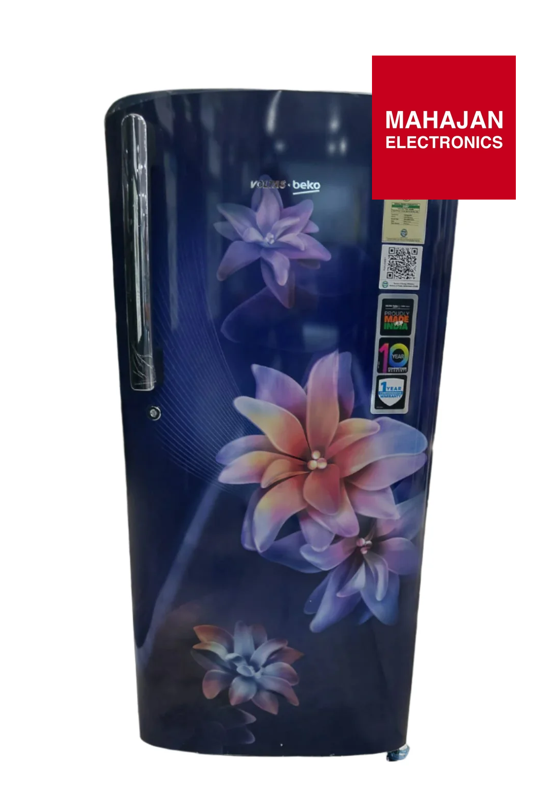 Electronics product with floral design on a dark background, branded with Mahajan Electronics.