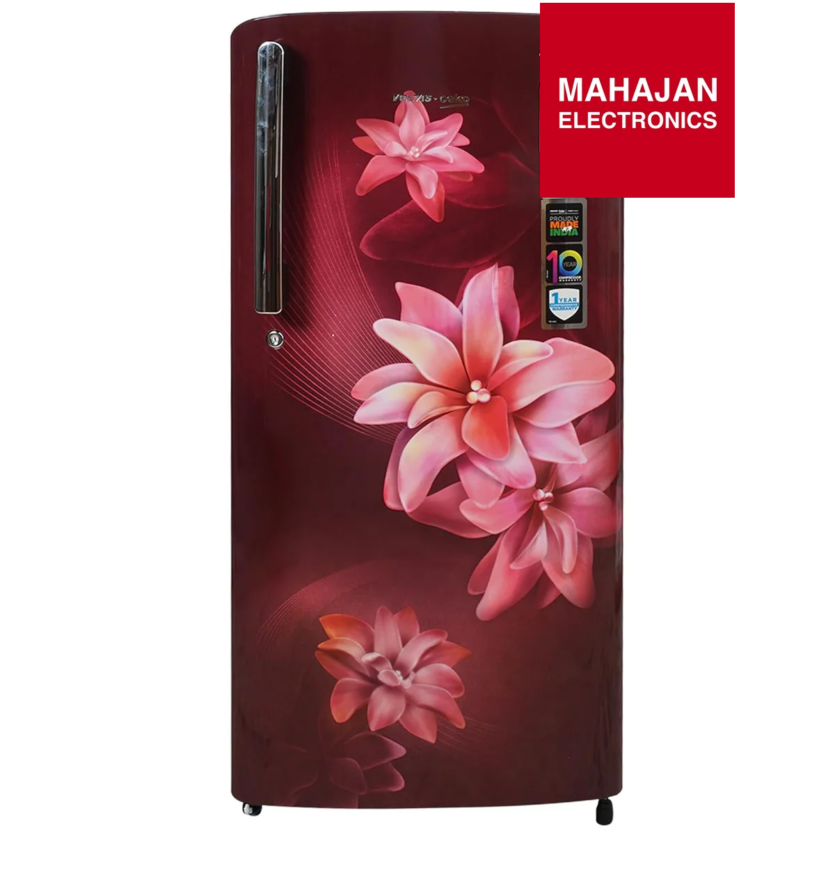 Red refrigerator with floral design and Mahajan Electronics logo on a white background