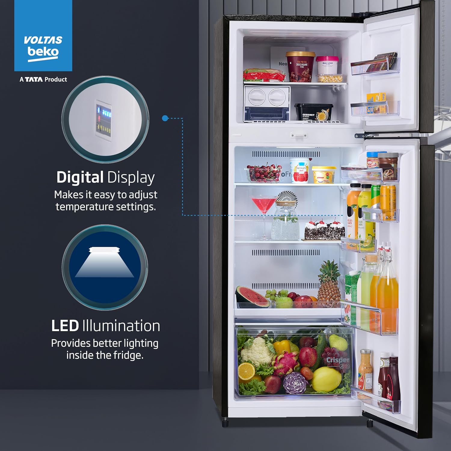 Voltas Beko RFF374D/1WPV100RXID 325L 1 Star Frost Free Double Door Refrigerator | Hairline Silve | ProSmart Inverter Compressor-Online Mahajan Electronics