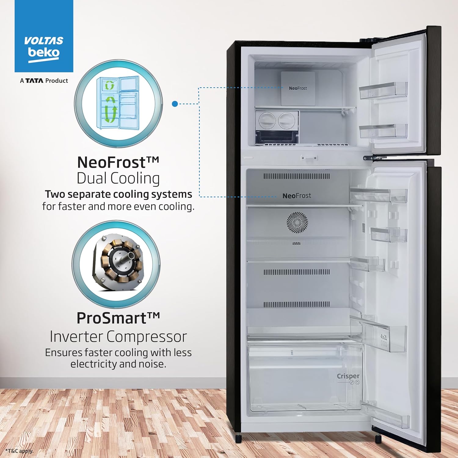 Voltas Beko RFF374D/1WPV100RXID 325L 1 Star Frost Free Double Door Refrigerator | Hairline Silve | ProSmart Inverter Compressor-Online Mahajan Electronics