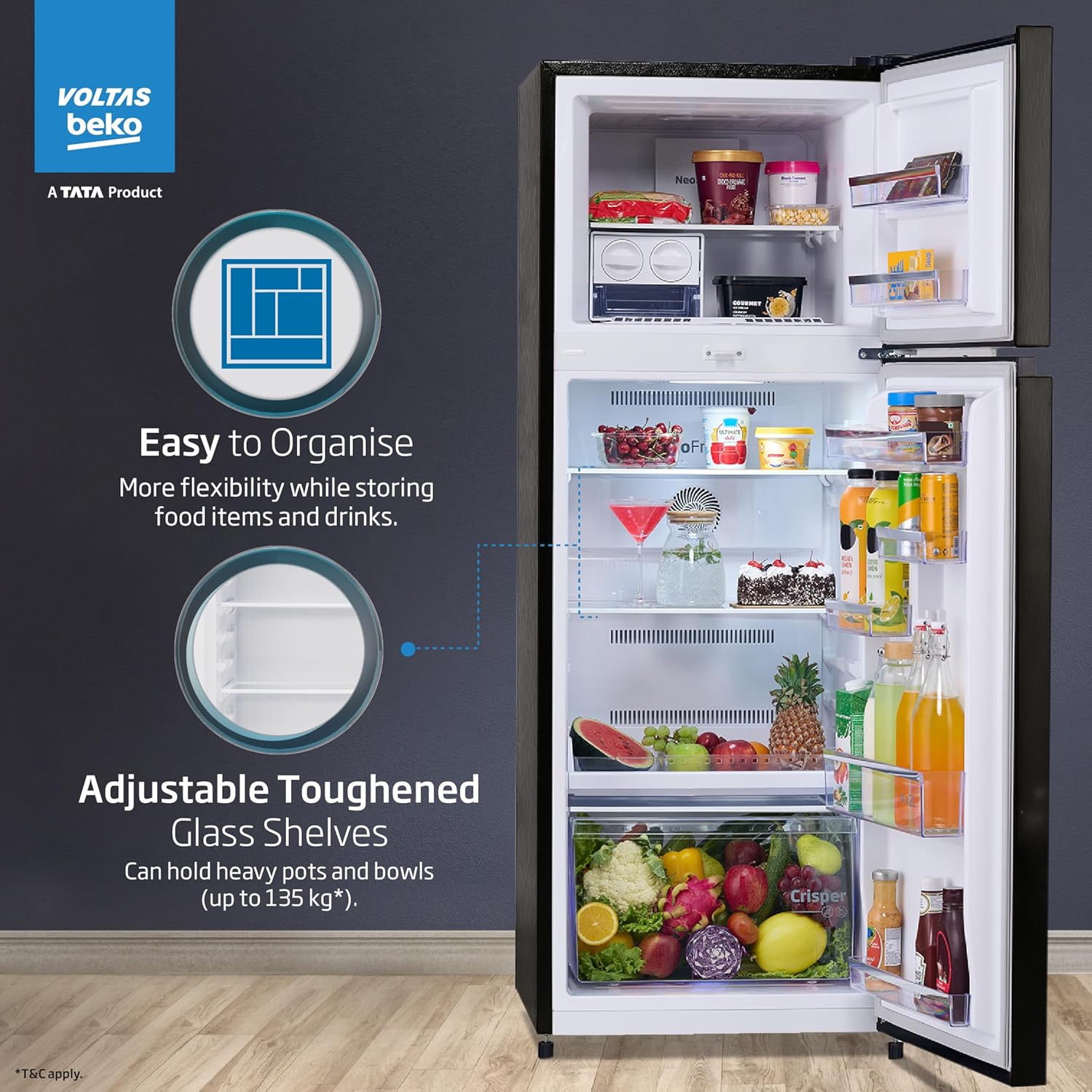 Voltas Beko RFF374D/1WPV100RXID 325L 1 Star Frost Free Double Door Refrigerator | Hairline Silve | ProSmart Inverter Compressor-Online Mahajan Electronics
