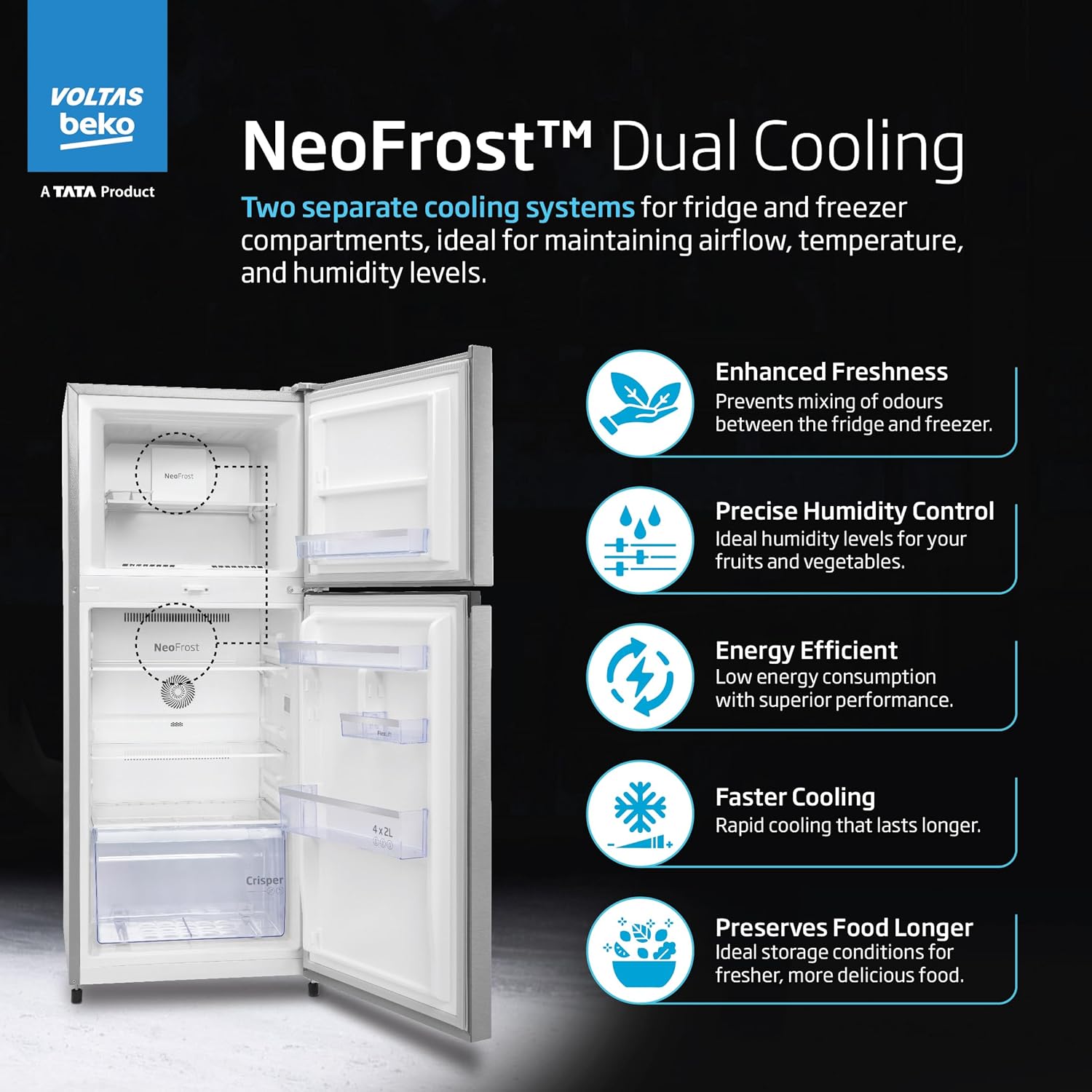 Voltas Beko RFF374D/1WPV100RXID 325L 1 Star Frost Free Double Door Refrigerator | Hairline Silve | ProSmart Inverter Compressor-Online Mahajan Electronics