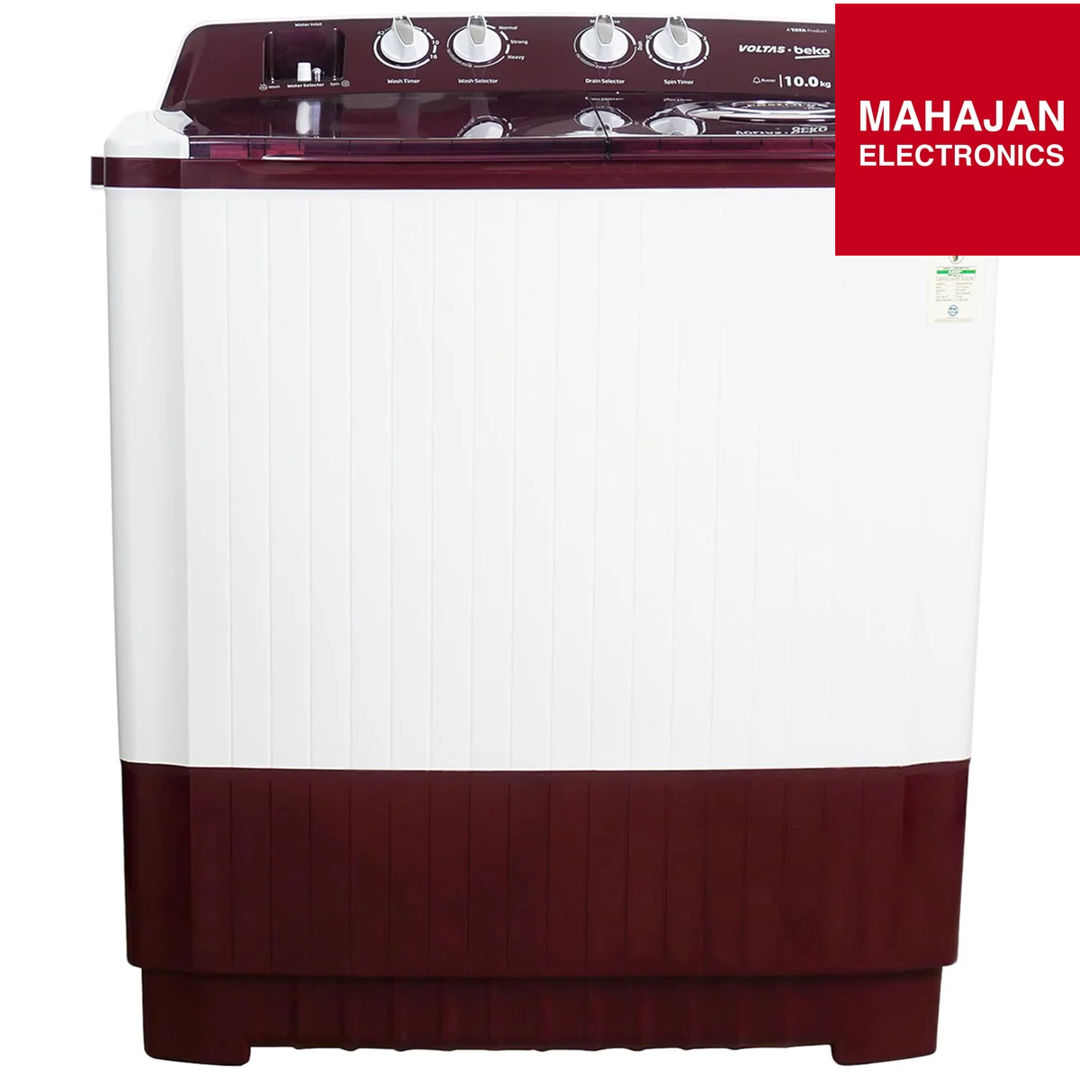 Maroon and white washing machine with Mahajan Electronics logo