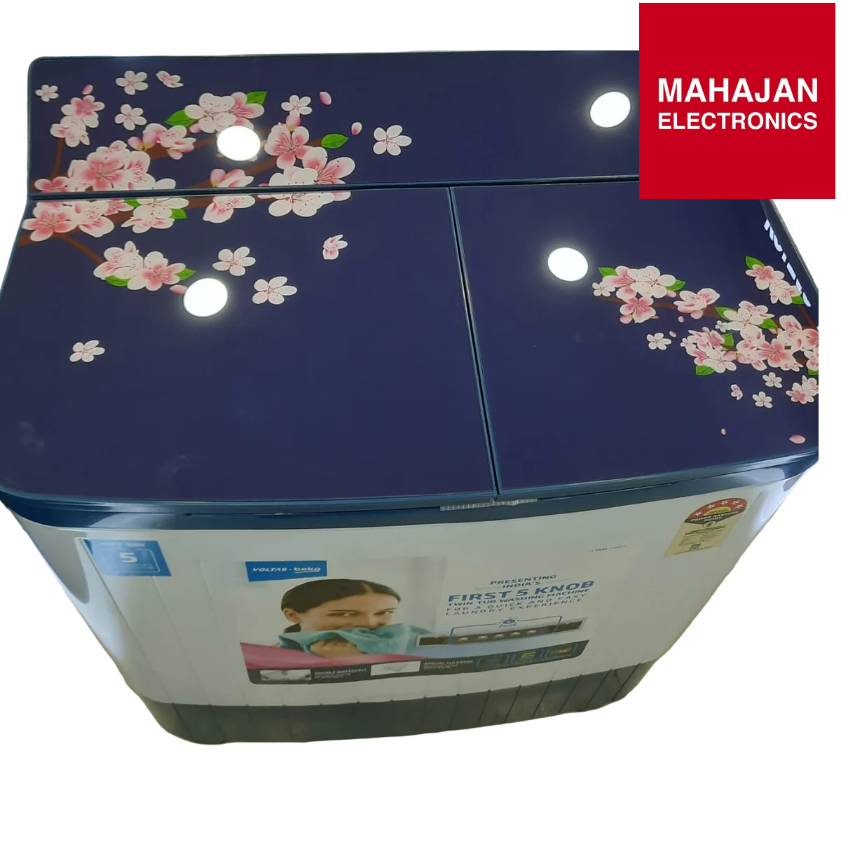 Washing machine with cherry blossom design on a Mahajan Electronics branded background