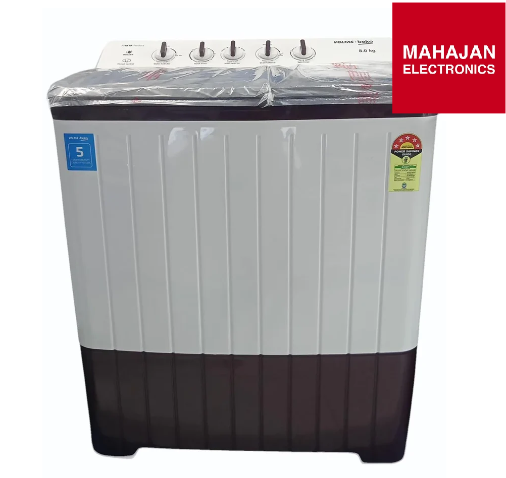 Twin-tub washing machine with Mahajan Electronics logo on a white background