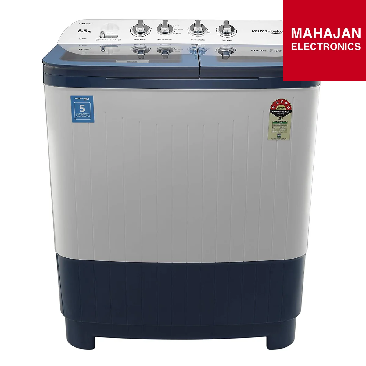Voltas Beko WTT85DBLG 8.5 Kg Semi Automatic Washing Machine (5 Star, Double Waterfall, Soft Close Glass Lid, IPX4 Panel, Sky Blue)