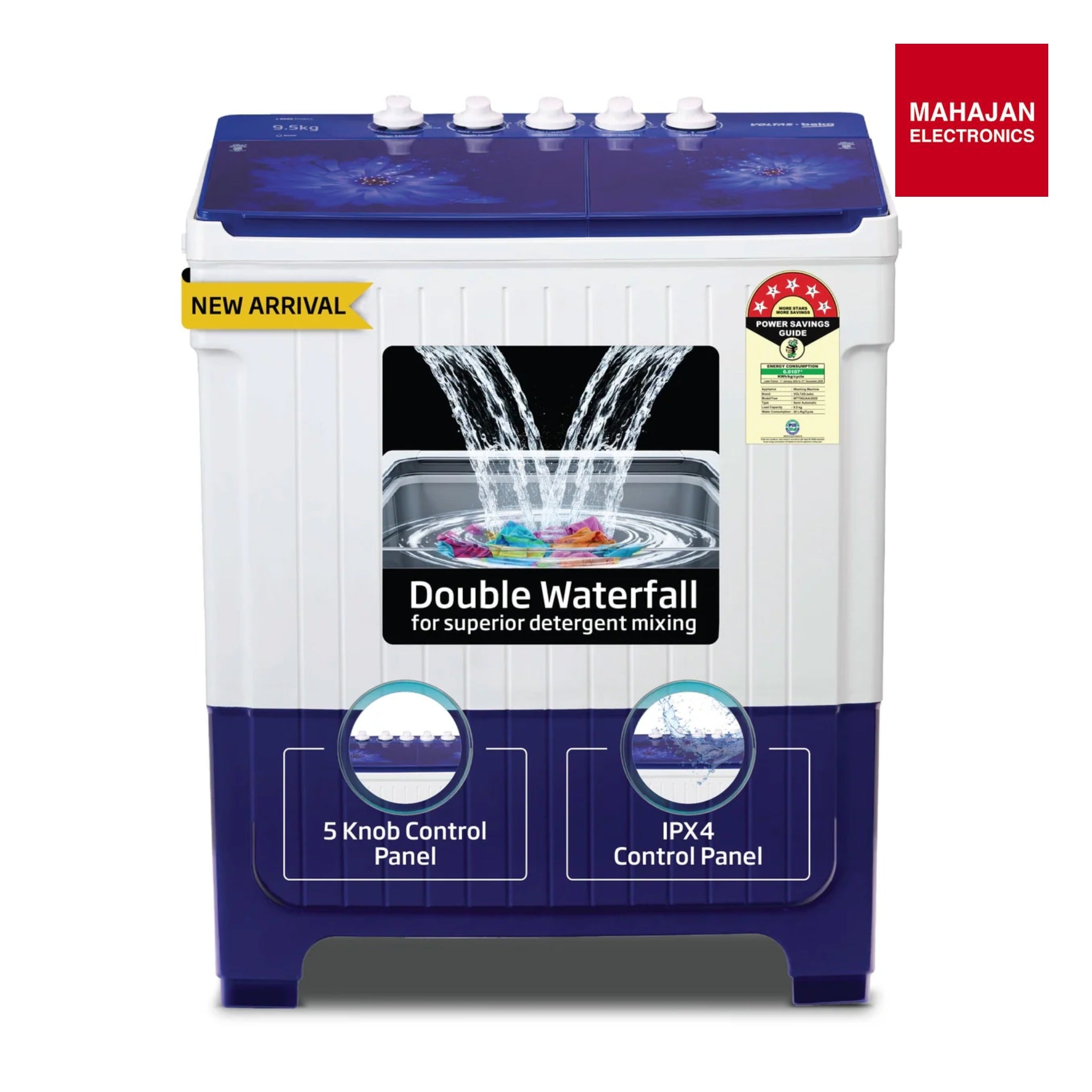 Voltas Beko WTT95UAA/BLSSWH5GFD 9.5 Kg Semi Automatic Top Load Washing Machine | 5 Star | Super Wave Pulsator | Color Blue-Online Mahajan Electronics