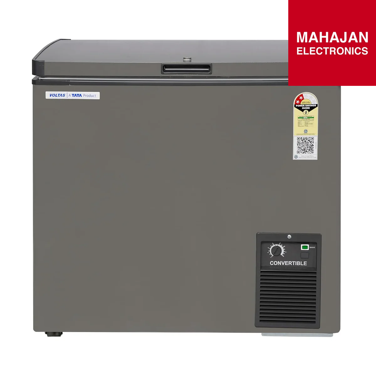 Gray freezer with MAHAJAN ELECTRONICS branding on a white background