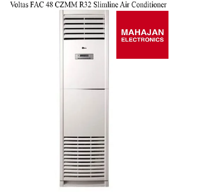 Tall air conditioner with Voltas and Mahajan Electronics branding on a white background