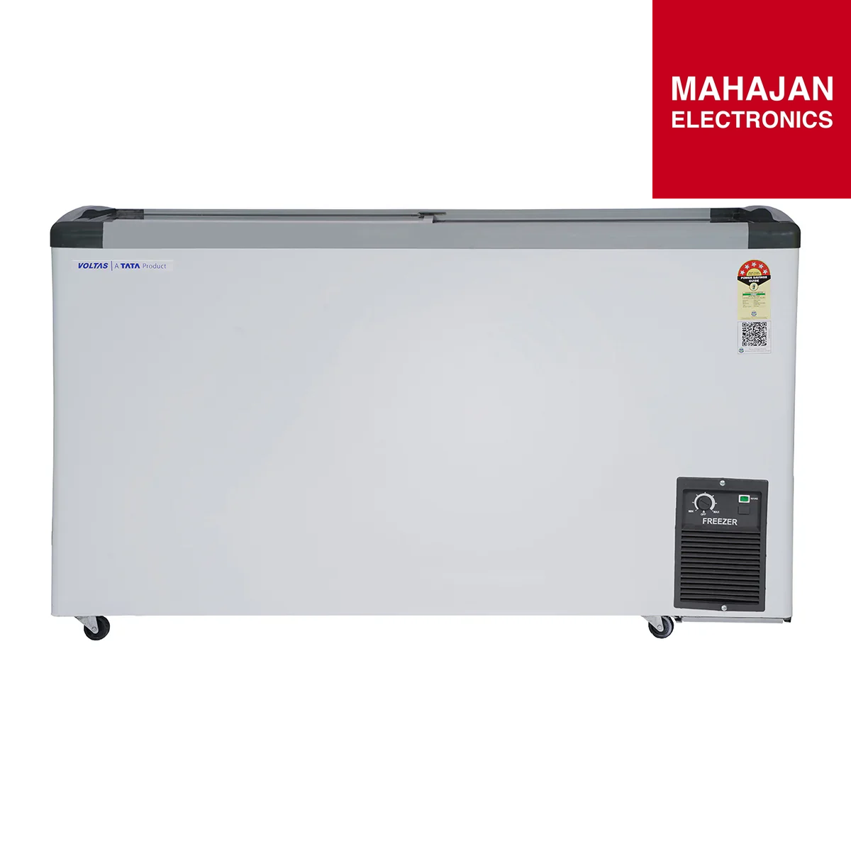 White freezer with Mahajan Electronics logo on a white background