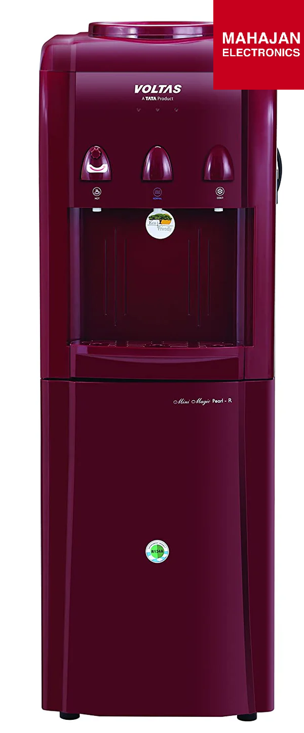Maroon Voltas water cooler with Mahajan Electronics branding on a white background