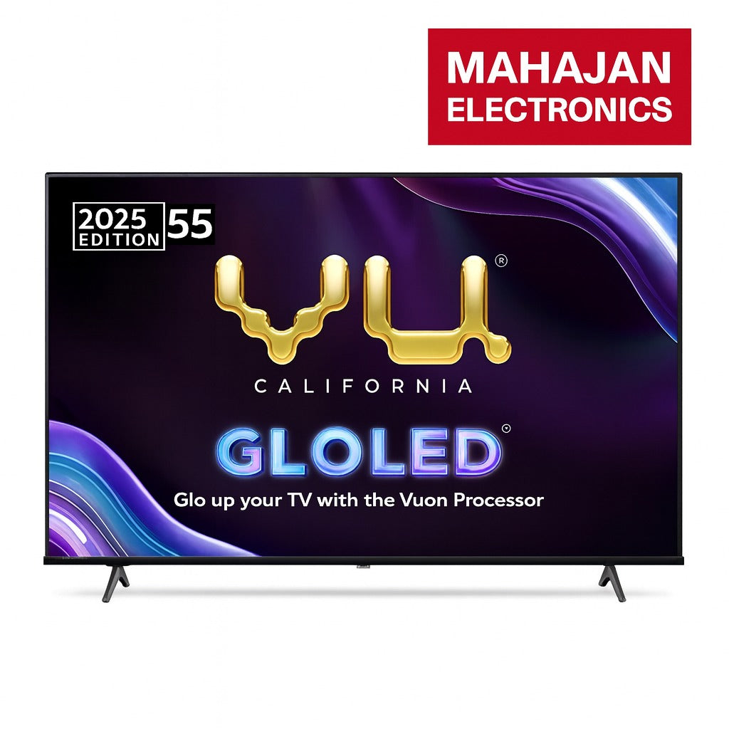 Television with Vuun logo and Mahajan Electronics branding on a white background