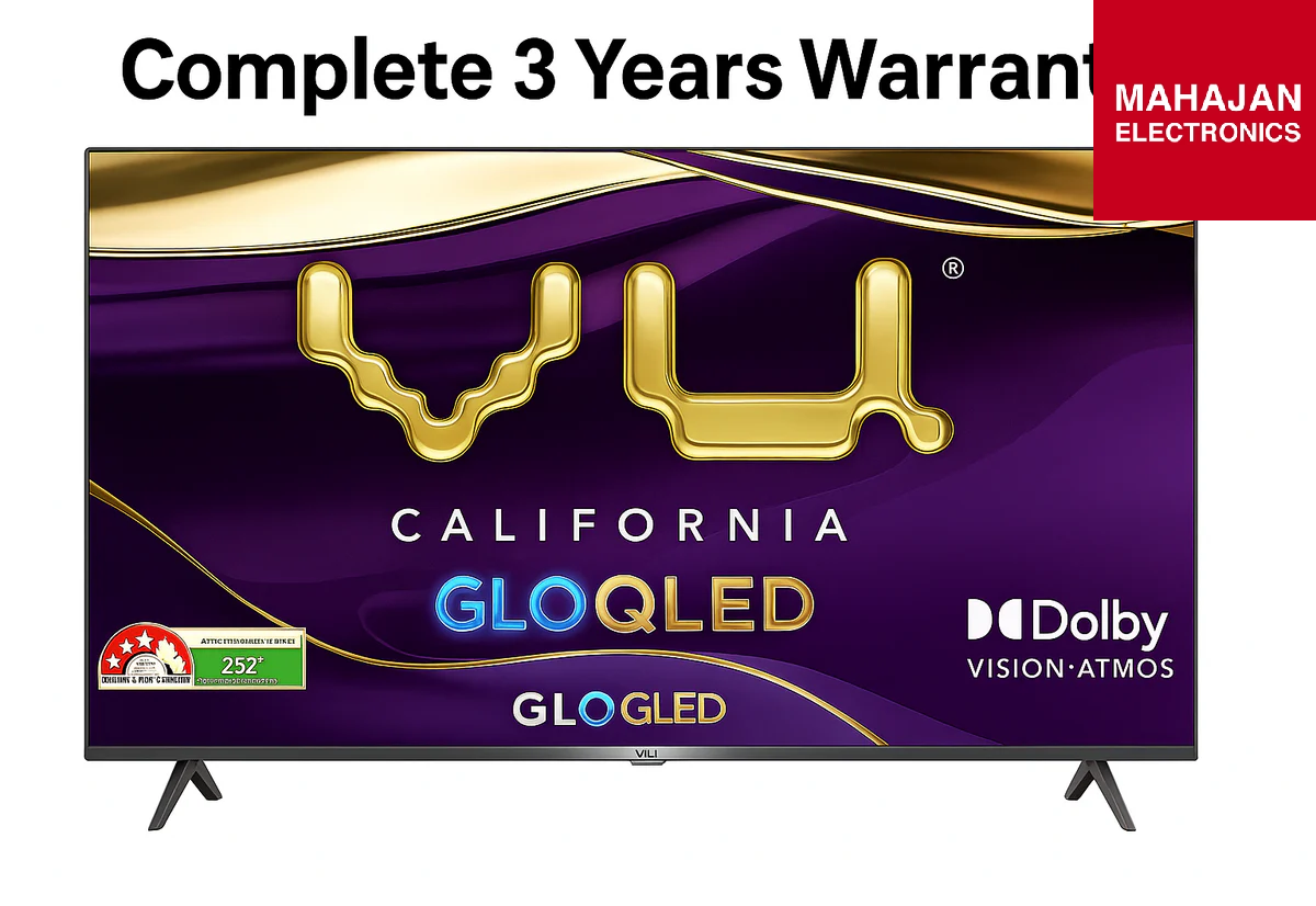 GLOQLED TV with Dolby Vision-Atmos branding and Mahajan Electronics logo.