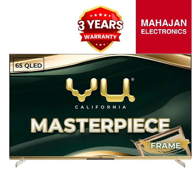 65-inch QLED TV with Mahajan Electronics branding and warranty badge on a white background