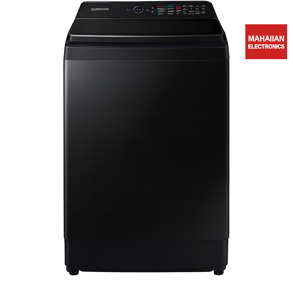 Black Samsung washing machine with Mahalain Electronics logo on a white background