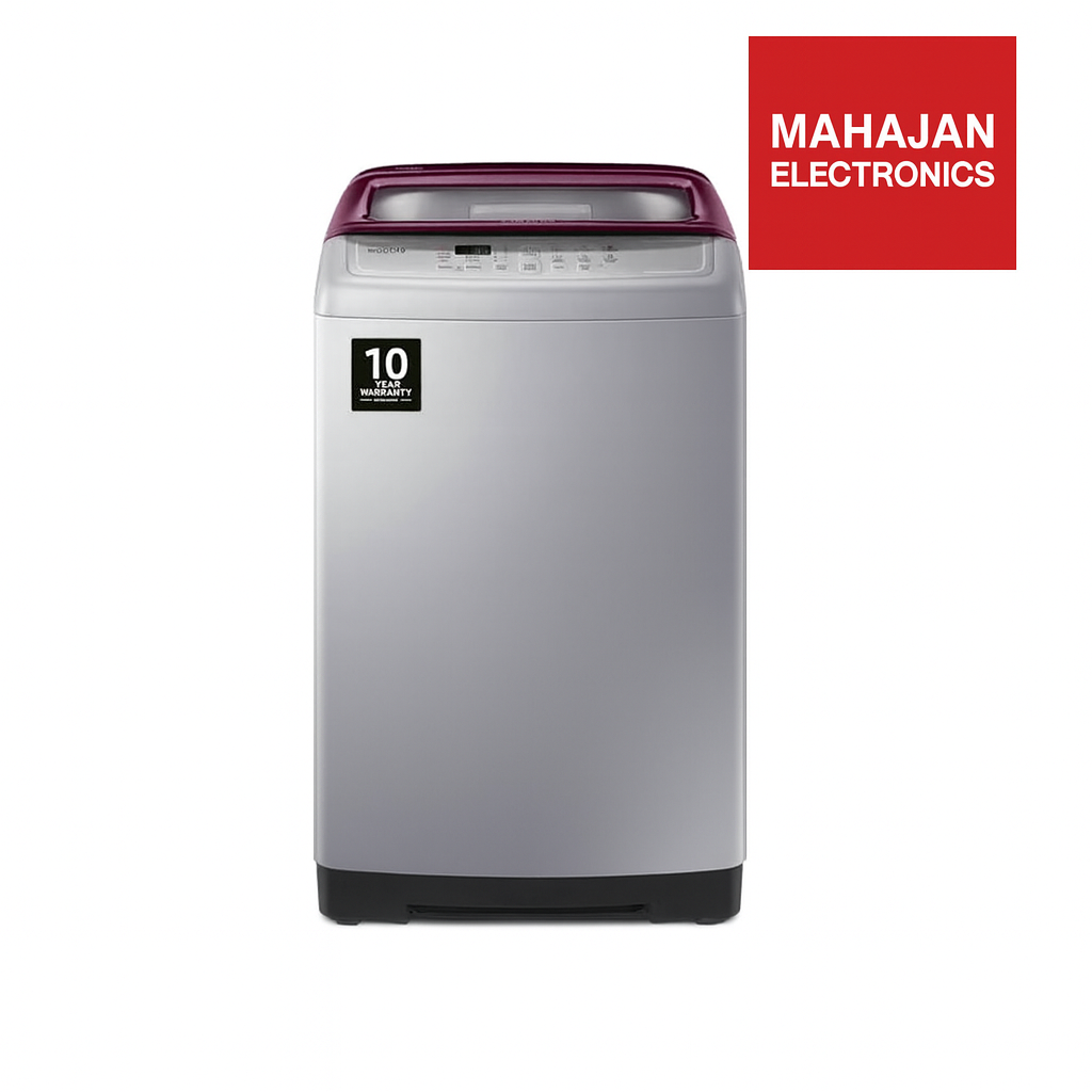 Gray washing machine with Mahajan Electronics logo on a white background