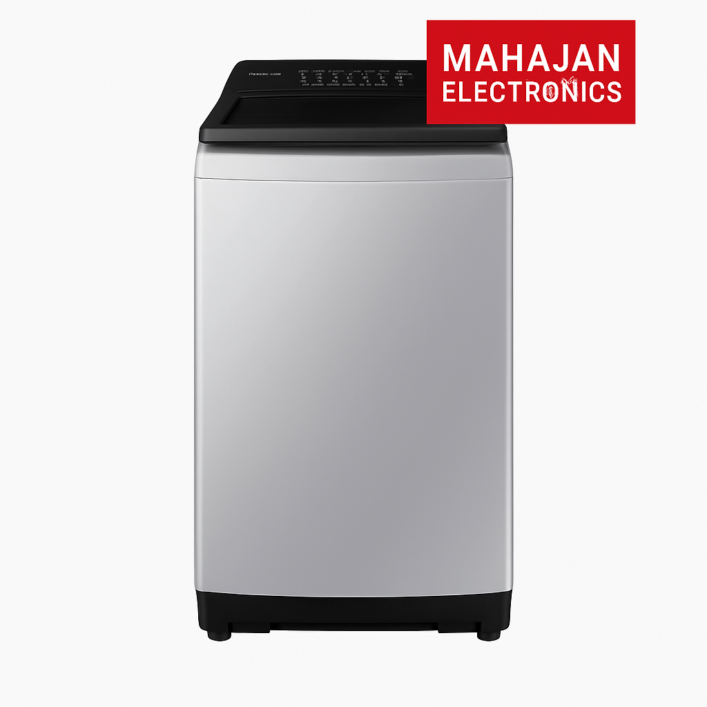 Silver washing machine with Mahajan Electronics logo on a white background