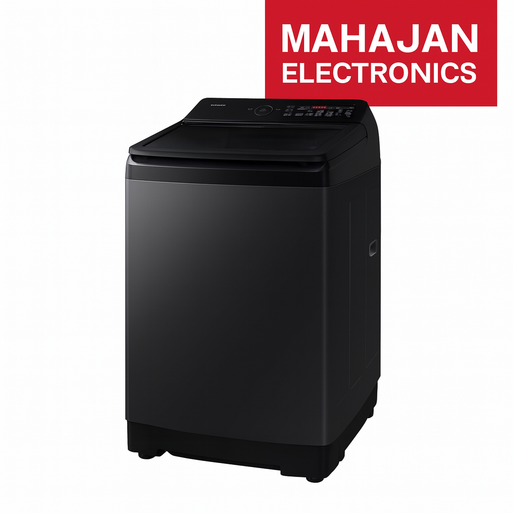 Black washing machine with Mahajan Electronics logo on a white background