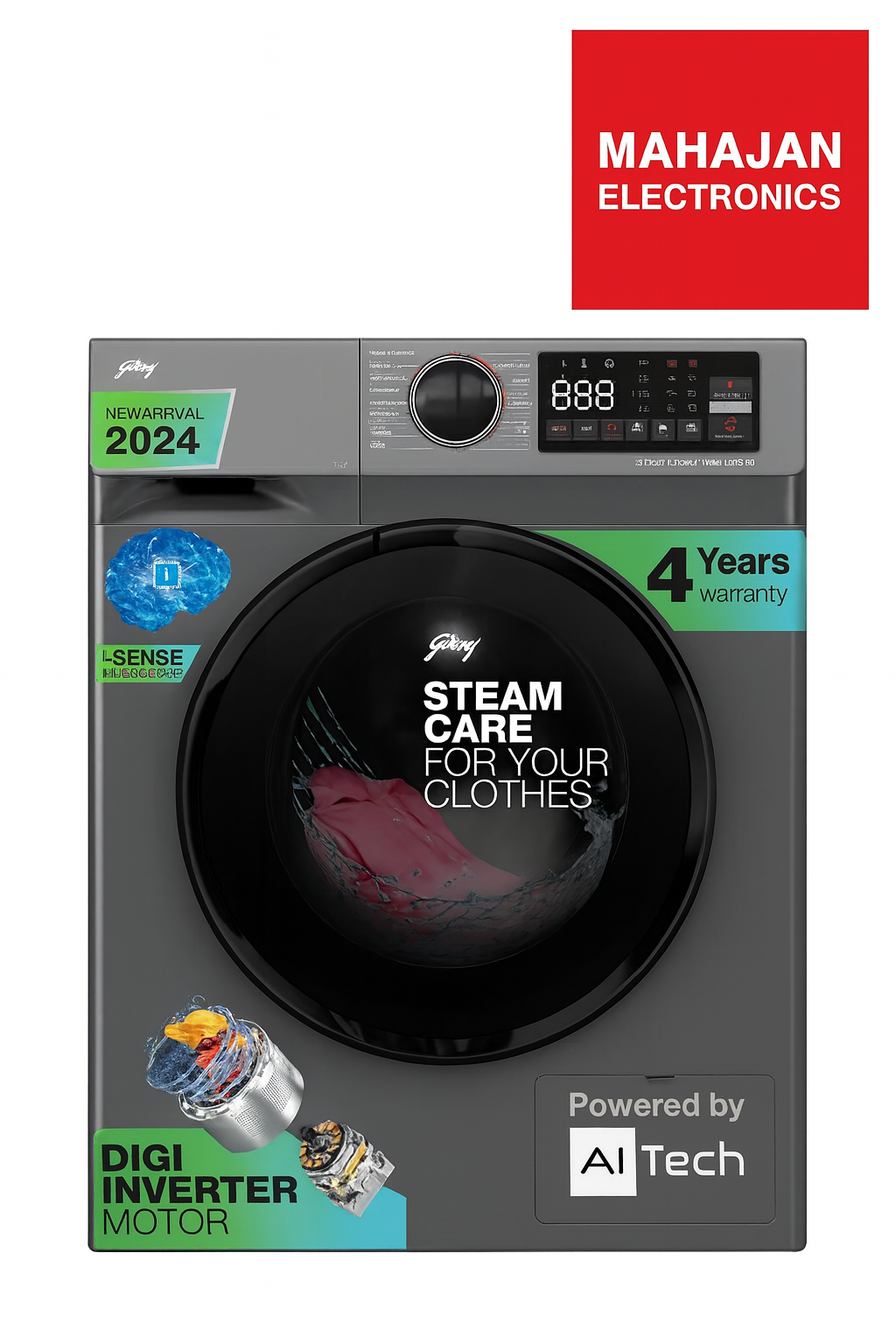 Front view of a washing machine with Mahajan Electronics branding on a white background