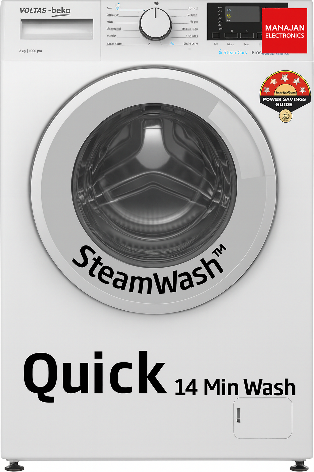 White washing machine with 'Steam Wash' and 'Quick 14 Min Wash' text on a white background