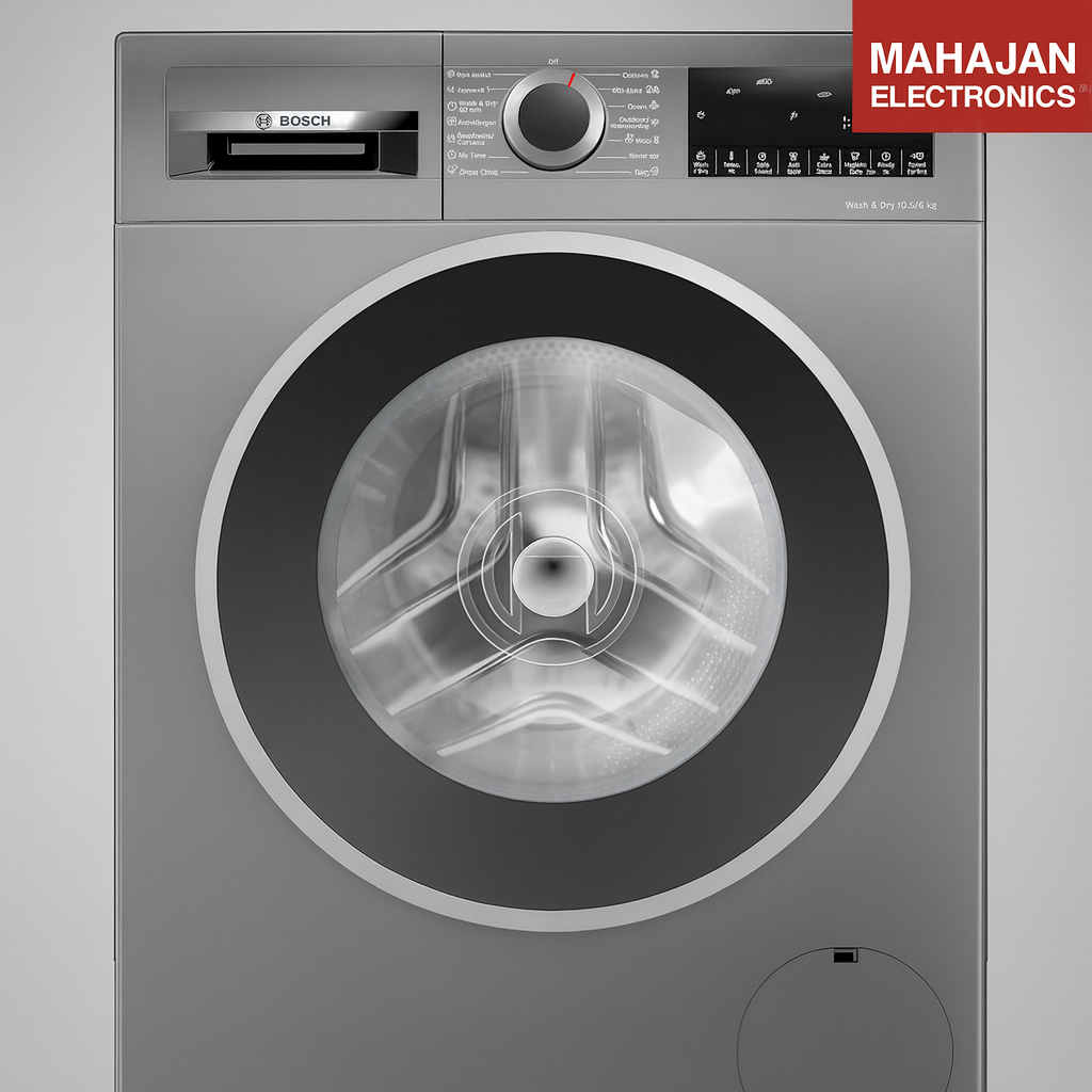 Silver Bosch washing machine with Mahajan Electronics branding on a gray background