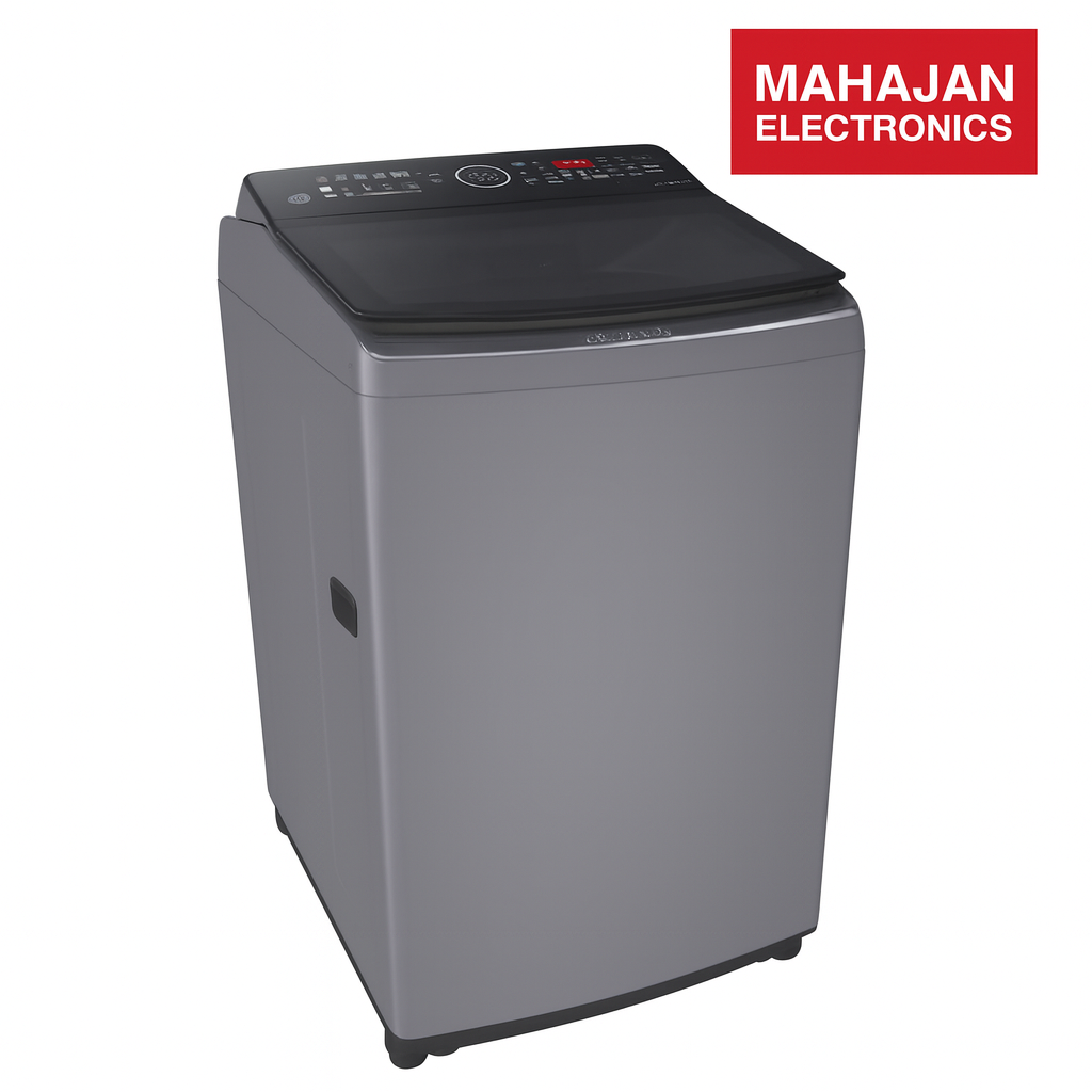 Gray washing machine with black lid on a white background, featuring Mahajan Electronics logo.