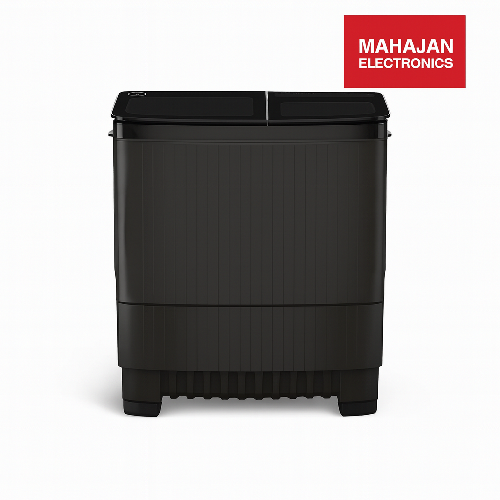 Black washing machine with Mahajan Electronics logo on a white background