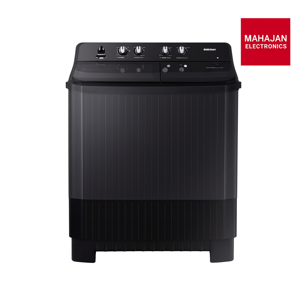 Black washing machine with Mahajan Electronics logo on a white background