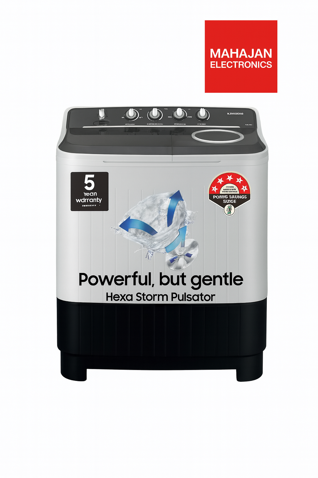 Washing machine with MAHAJAN ELECTRONICS logo on a white background