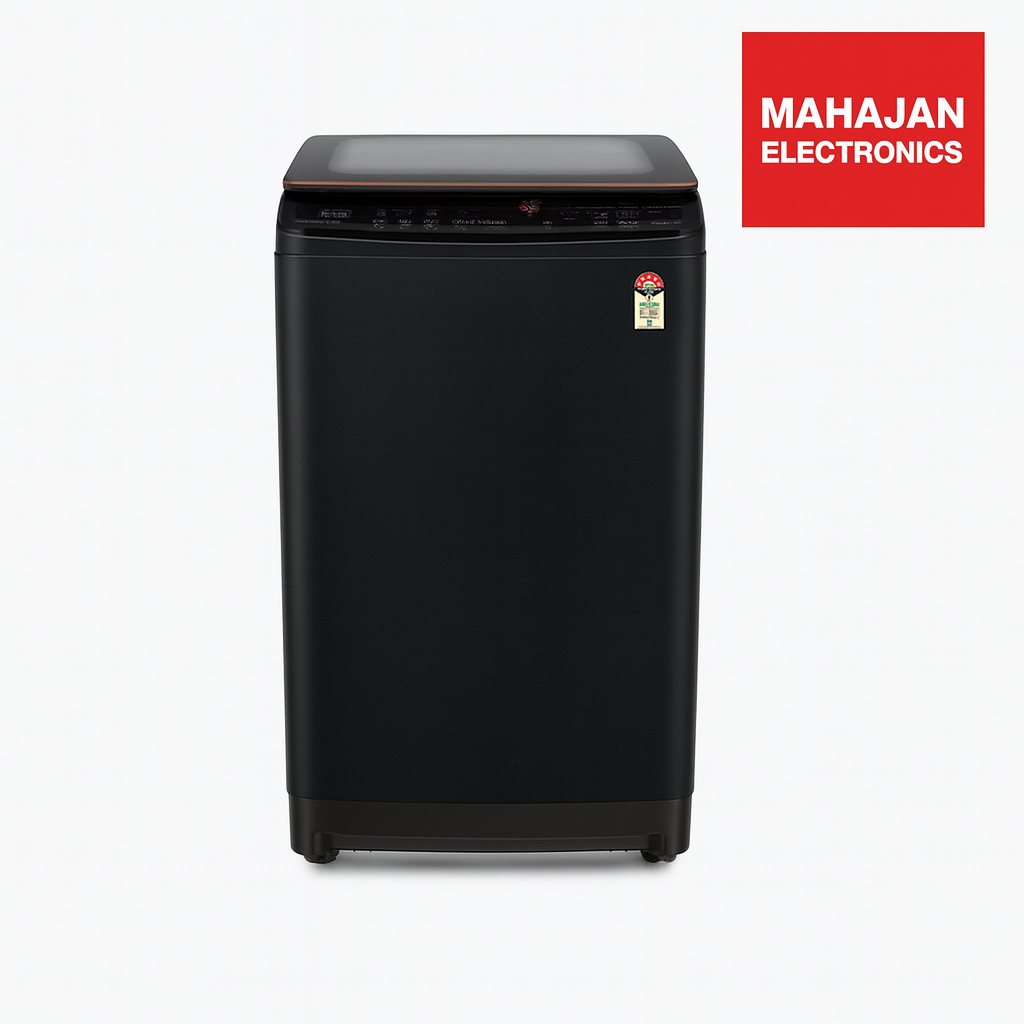 Black refrigerator with Mahajan Electronics logo on a white background