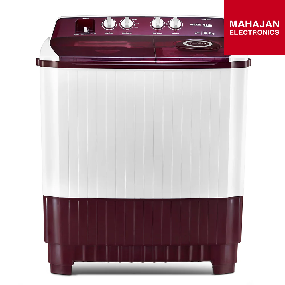Washing machine with maroon and white design, featuring Mahajan Electronics logo.