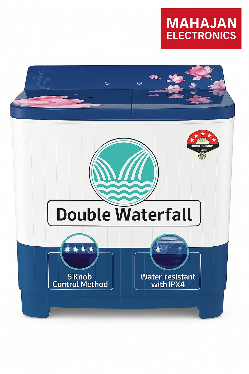 Twin tub washing machine with 'Double Waterfall' branding and features on a white background.