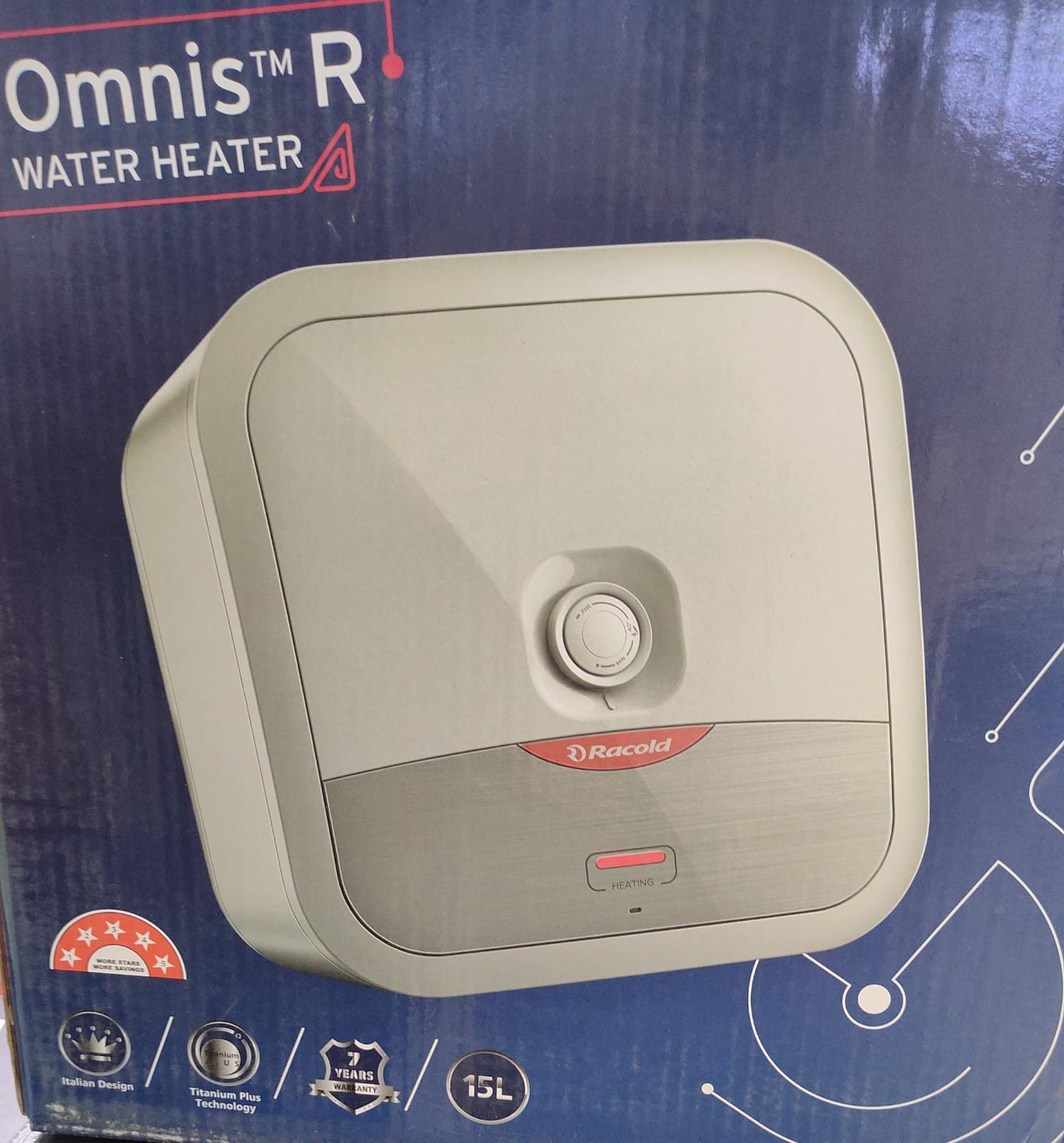 Racold Omnis R 15L 5 Star Storage Water Heater (Geyser) White Grey | Titanium Plus Technology | Temperature Control Knob | 8 Bar Pressure | Vertical Mount Racold