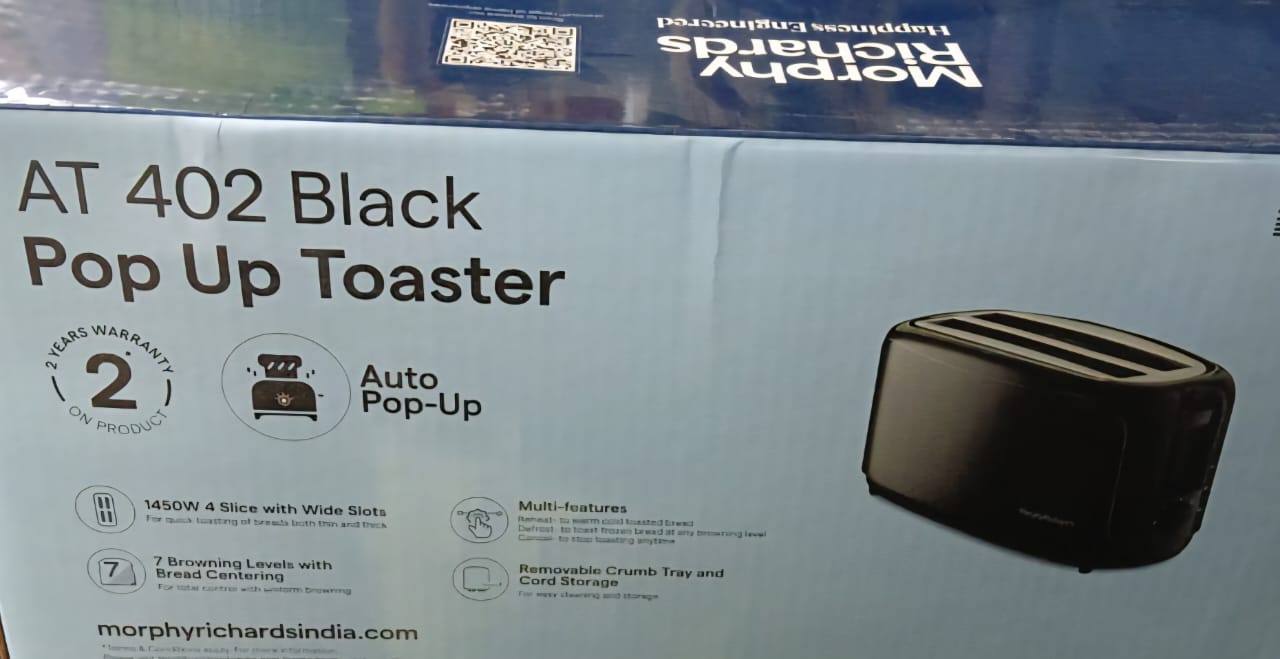 Morphy Richards AT402 4 Slice Pop-up Toaster, 1450W, 7 Browning Levels, Wide Slots, Removable Crumb Tray – Black Mahajan Electronics Online