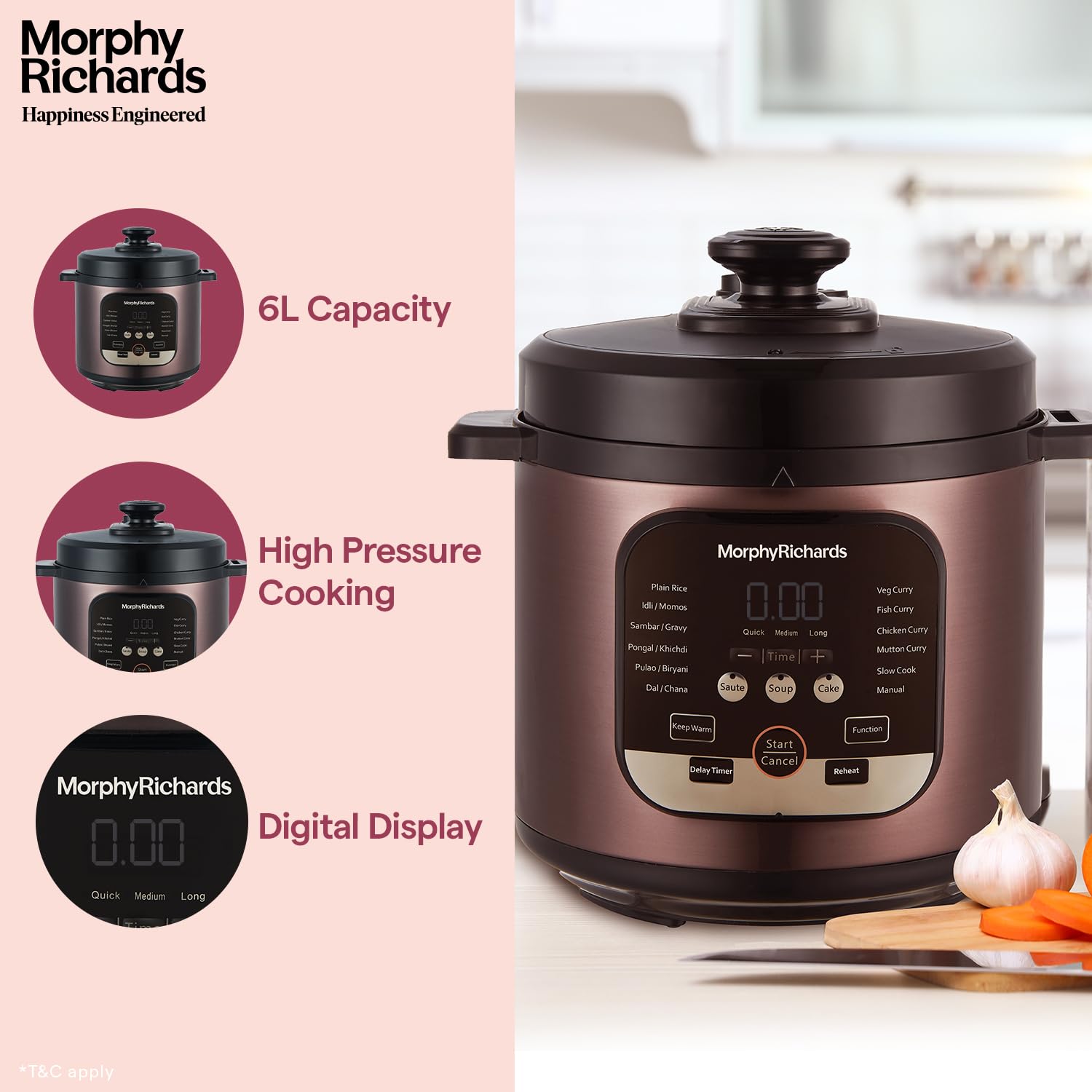 Morphy Richards WizPot 6 Litres 1000W Electric Pressure Cooker| Customised Preset for Indian Cooking| Automatic Shut-Off| Metallic Brown - Mahajan Electronics Online