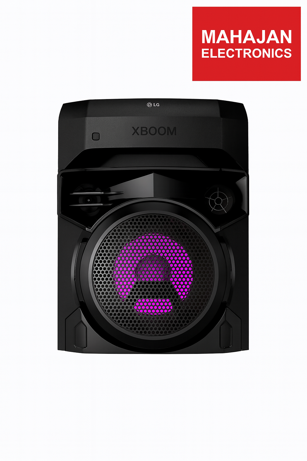 Black LG XBOOM speaker with purple light on a white background, featuring the Mahajan Electronics logo.