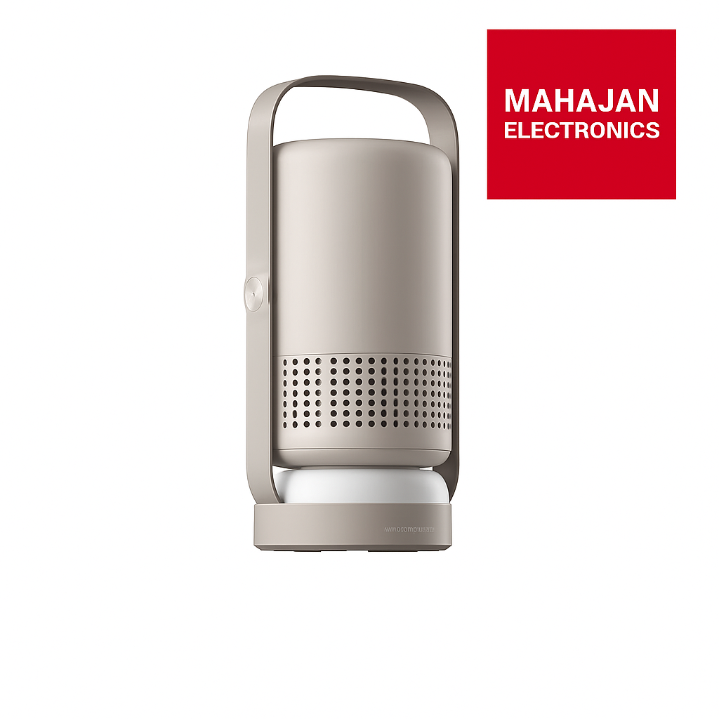 Portable lamp with perforated design on a white background, featuring the Mahajan Electronics logo.