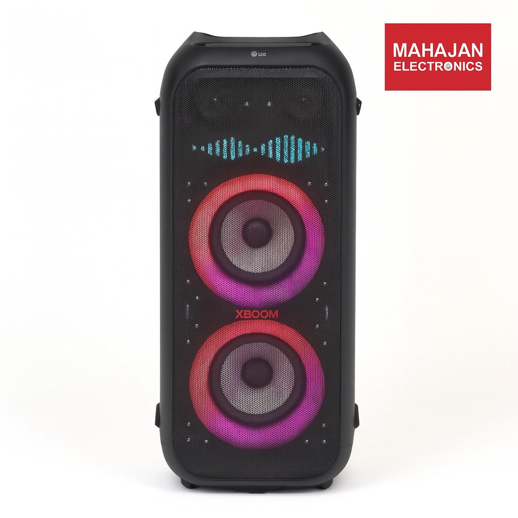 Black portable speaker with colorful design on a white background, featuring the Mahajan Electronics logo.