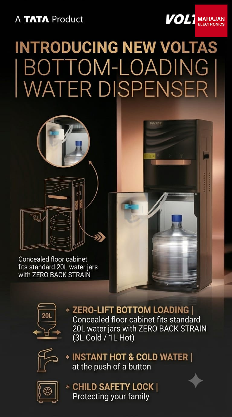 Voltas Mini magic BL – Black/CU Chrome Bottom Load Water Dispenser , Hot & Cold with Room Temperature Water – Mahajan Electronics Online.