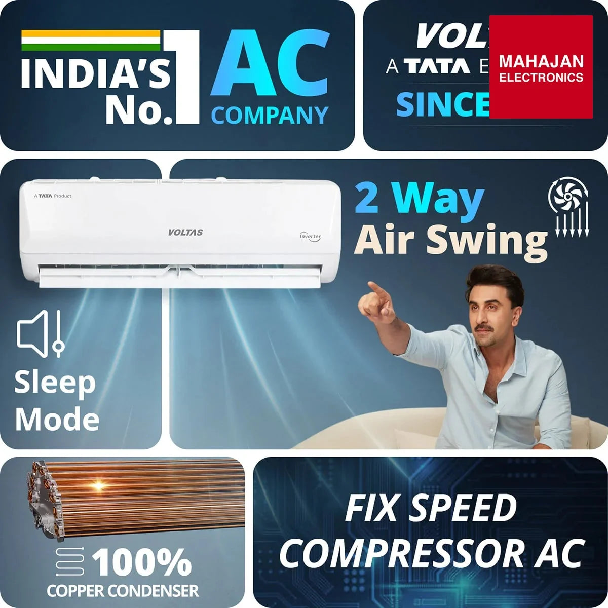 Voltas 122FS Emerald 1 Ton 2 Star Fixed Speed Split AC – Mahajan Electronics Online.