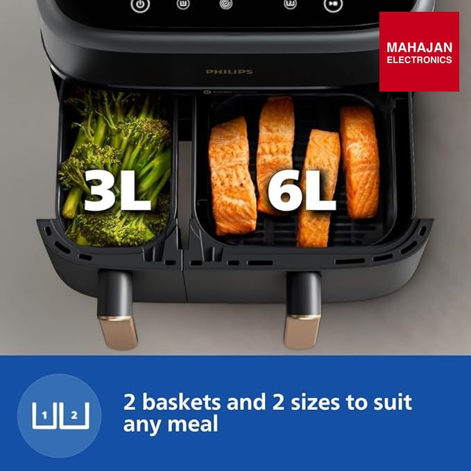 PHILIPS Air Fryer NA352/00 with Rapid Air Technology, 9L capacity, Dual basket (6L & 3L) for full oven tray – Mahajan Electronics Online.