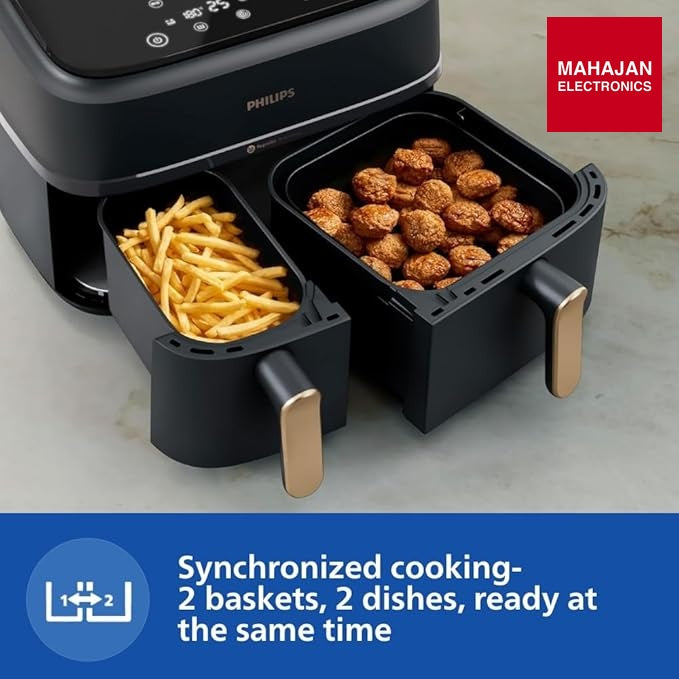 PHILIPS Air Fryer NA352/00 with Rapid Air Technology, 9L capacity, Dual basket (6L & 3L) for full oven tray – Mahajan Electronics Online.