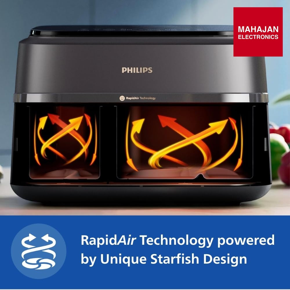 PHILIPS Air Fryer NA352/00 with Rapid Air Technology, 9L capacity, Dual basket (6L & 3L) for full oven tray – Mahajan Electronics Online.