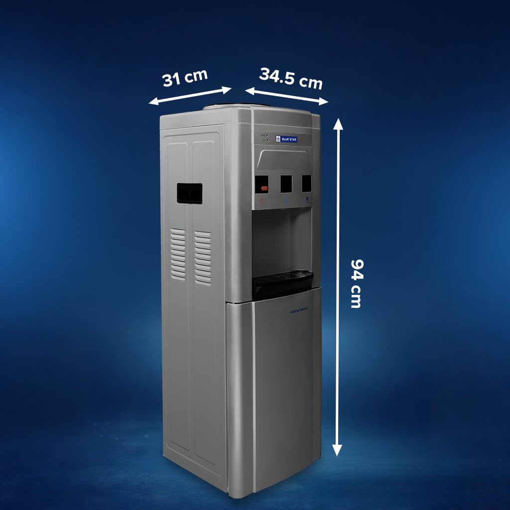 Blue Star BWD3FMRGA-G Water Dispenser with Refrigerator | Hot, Cold & Normal Water | 15L Cooling Cabinet | Floor Standing Water Cooler | GreOnline Mahajan Electronics