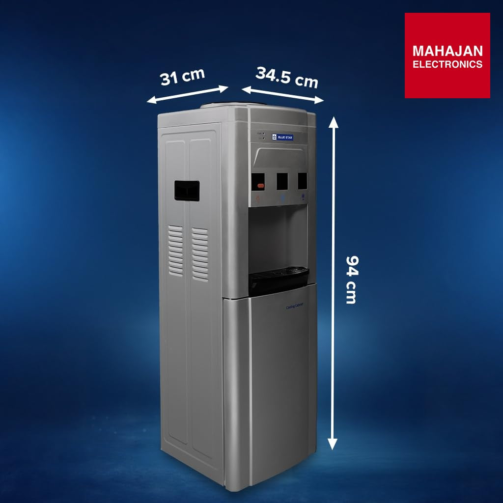 Blue Star BWD3FMRGA-G Water Dispenser with Refrigerator | Hot, Cold & Normal Water | 15L Cooling Cabinet | Floor Standing Water Cooler | Grey – Mahajan Electronics Online.