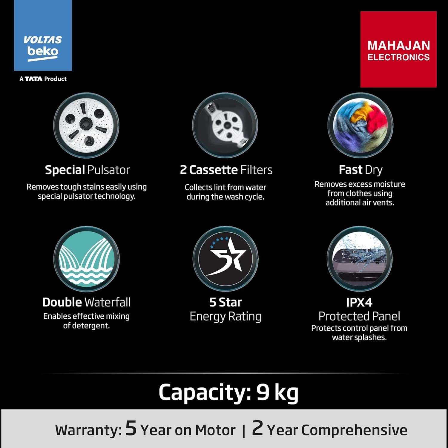 Voltas beko WTT90UDX/BKGR4KGTD Tata Product 9 kg 5 Star Semi-Automatic Twin Tub Top Load Washing Machine – Mahajan Electronics Online.
