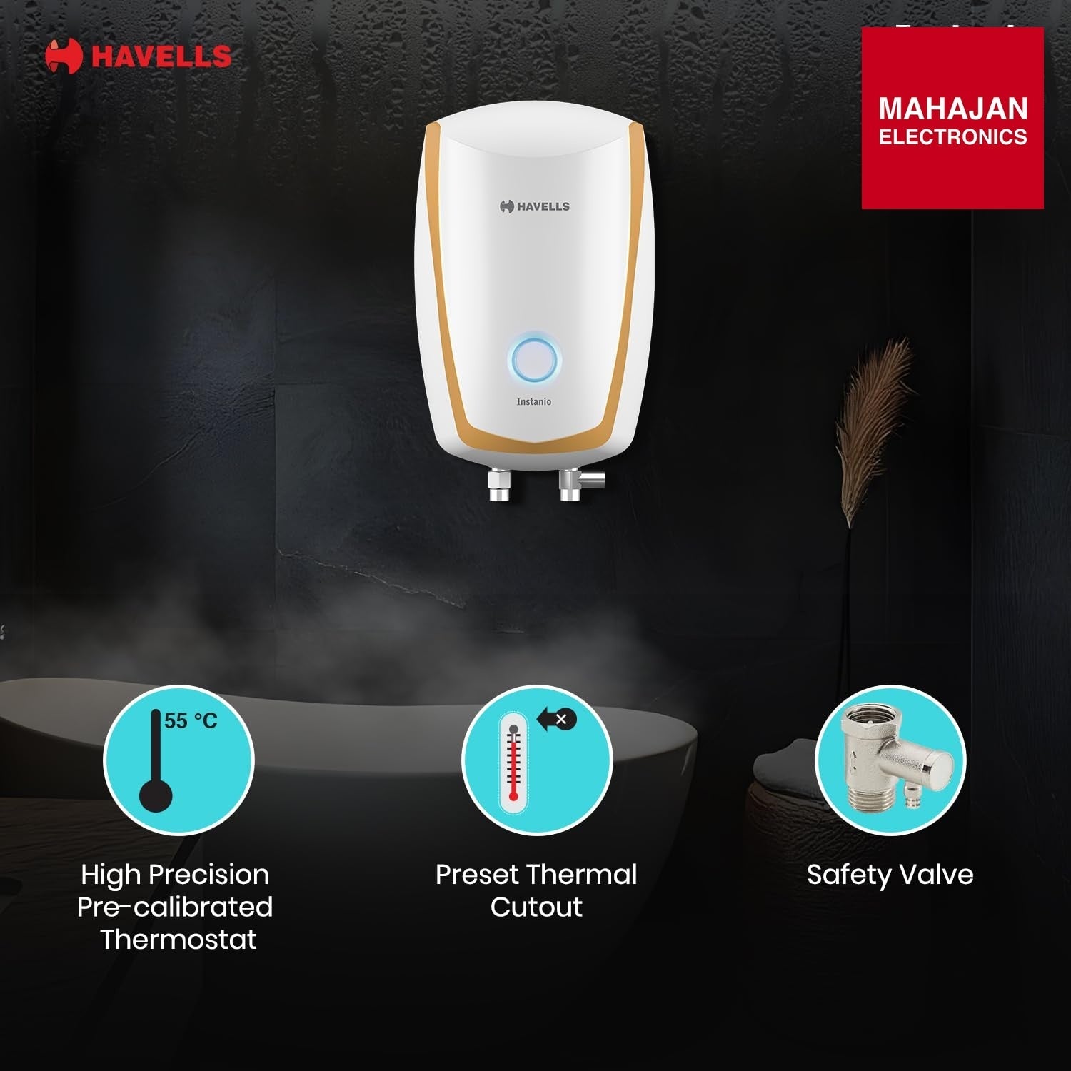 Havells Instanio 3L Instant Water Heater(Geyser)|Temp. Sensing LED Indicator| Rust & Shock Proof Body| ISI – Mahajan Electronics Online.