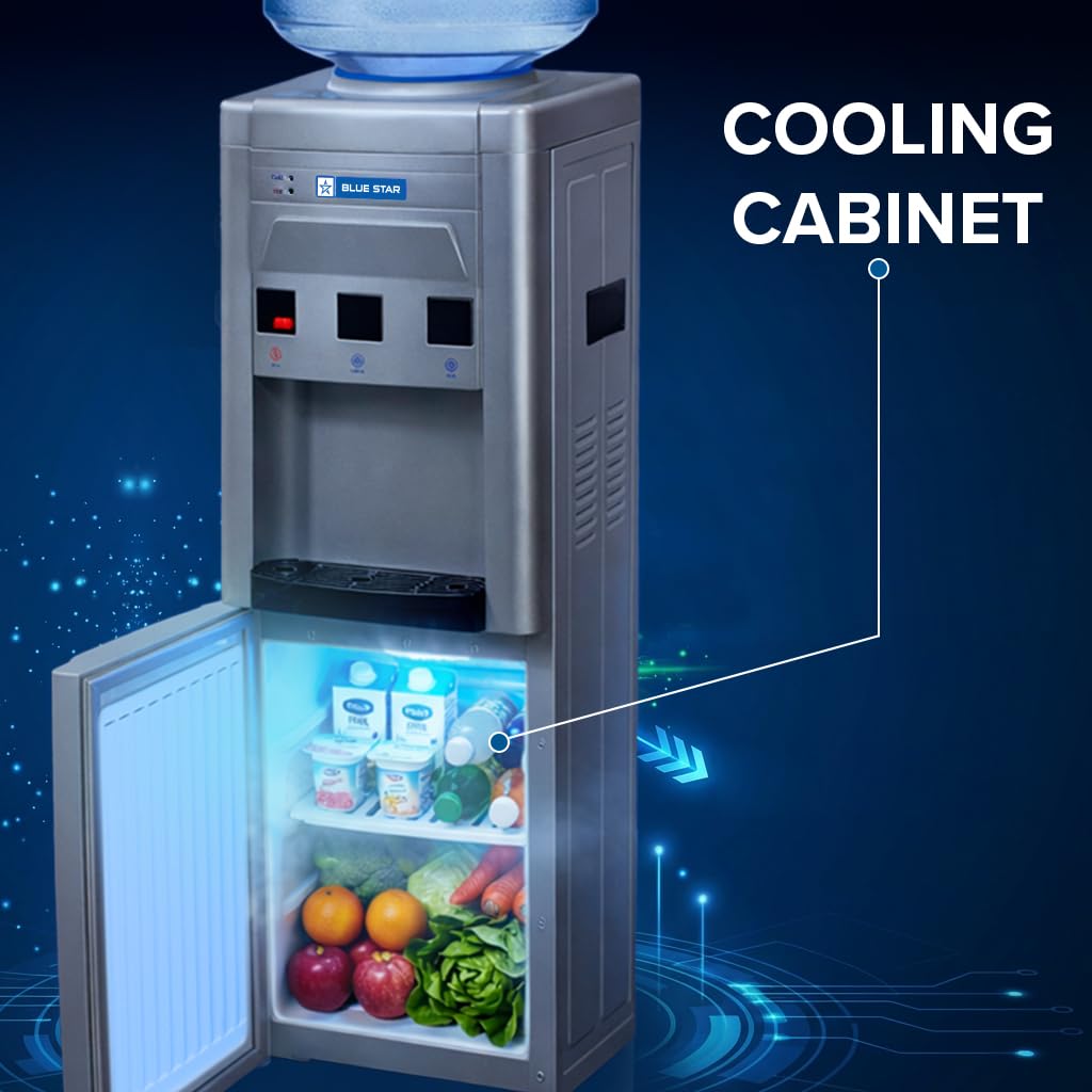 Blue Star BWD3FMRGA-G Water Dispenser with Refrigerator | Hot, Cold & Normal Water | 15L Cooling Cabinet | Floor Standing Water Cooler | GreOnline Mahajan Electronics